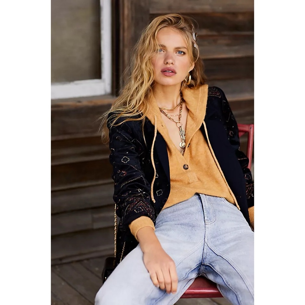Womens Mustard Button-Henley Knit Sweater - Picture 4 of 10